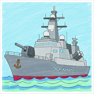 Step-by-step warship drawing tutorial for kids showing how to draw a warship with simple shapes and easy lines.