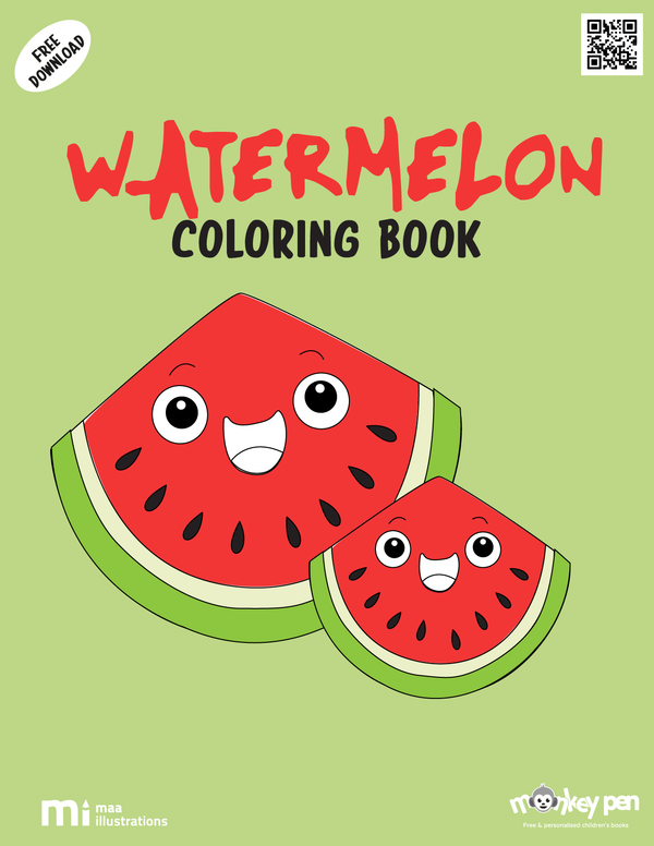 Watermelon Coloring Book for kids with slices, whole melons, and summer-themed backgrounds, ideal for healthy eating lessons and seasonal activities.