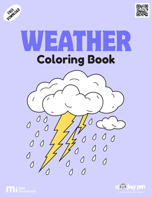 Weather coloring book for kids featuring sunny, rainy, snowy, and windy scenes, an educational PDF activity.
