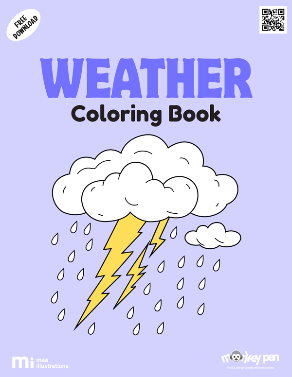 Weather coloring book for kids featuring sunny, rainy, snowy, and windy scenes, an educational PDF activity.
