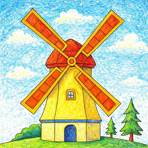 How to draw a windmill step by step, easy countryside scene drawing tutorial for kids and beginners with simple sketch