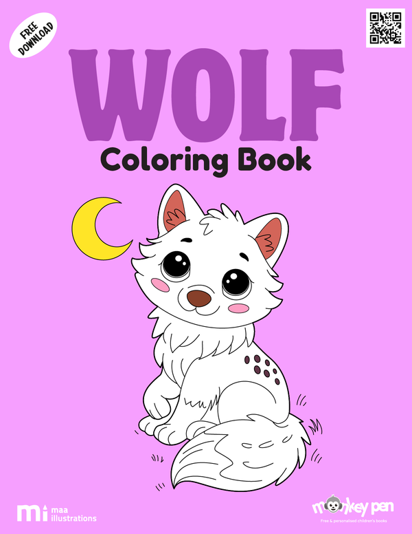 Wolf coloring book for kids featuring wolves in forests and snowy landscapes, a wildlife-themed PDF activity.