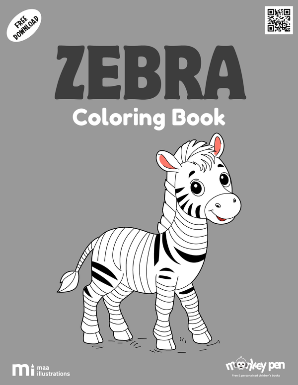 Zebra coloring book for kids featuring zebras in savannah landscapes, a safari-themed PDF activity.
