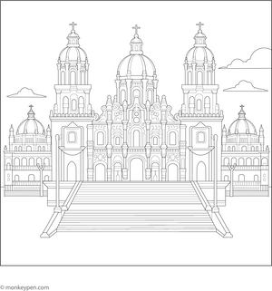 A lively Zócalo scene with fountains, flags, and people enjoying Mexico’s central plaza, perfect for kids to colour and explore culture.