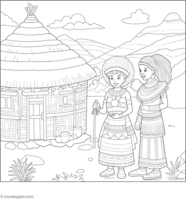Zulu Cultural Villages Coloring Page – fun and educational printable for children