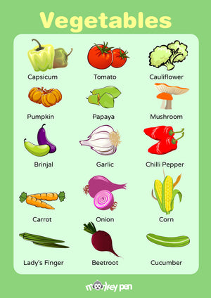 Vegetable Poster with illustrations of tomato, carrot, onion, and other common vegetables for kids learning.